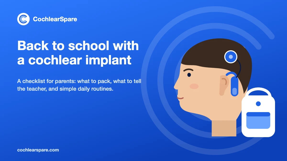 Illustration of a child wearing a cochlear implant sound processor next to a school backpack