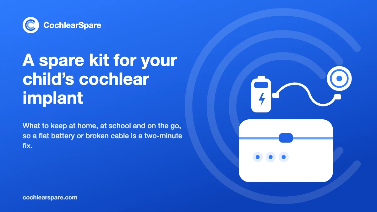Illustration of a cochlear implant spare kit with battery, coil, cable and microphone covers