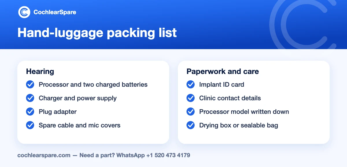 Hand-luggage packing list for travelling with a cochlear implant