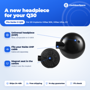 Naida CI Q30 universal headpiece UHP features: universal headpiece, cable socket and magnet seat