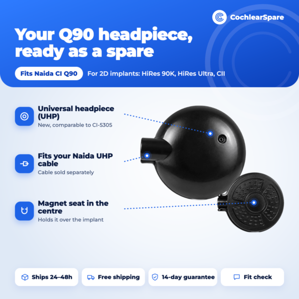 Naida CI Q90 universal headpiece UHP features: universal headpiece, cable socket and magnet seat