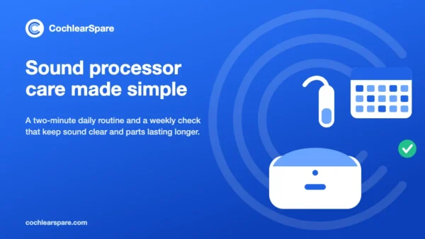 Illustration of a sound processor, drying box and calendar for a daily care routine